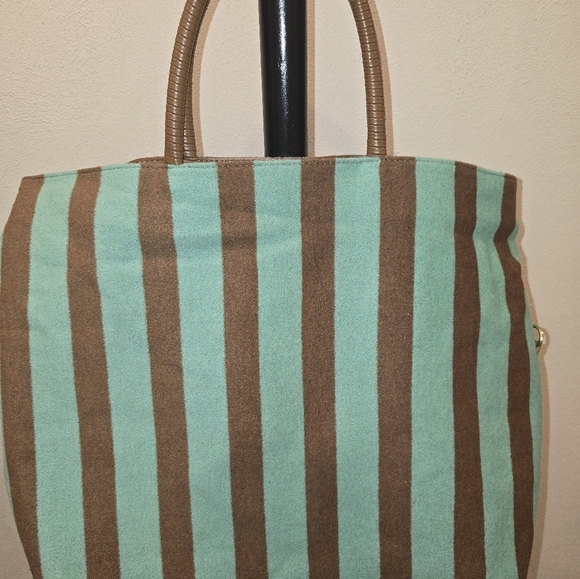 NWOT Anthropologie Turquoise and Brown Striped Tote Bag w/ Pouch - Picture 2 of 6